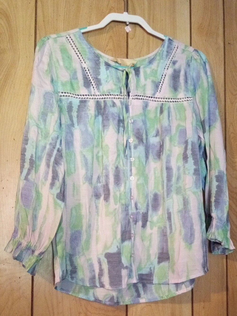Womens Green and Purple Watercolor Button-Front Blouse